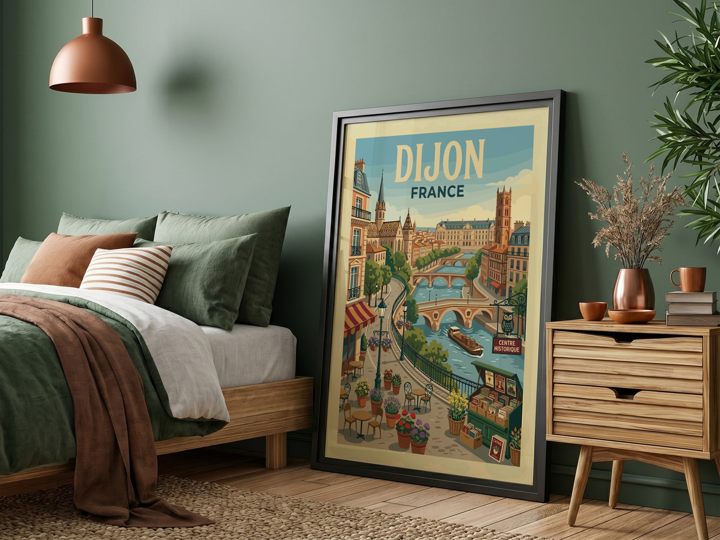 Dijon France travel poster featuring a vintage cityscape with a river, bridges, and cafes. Warm colors.