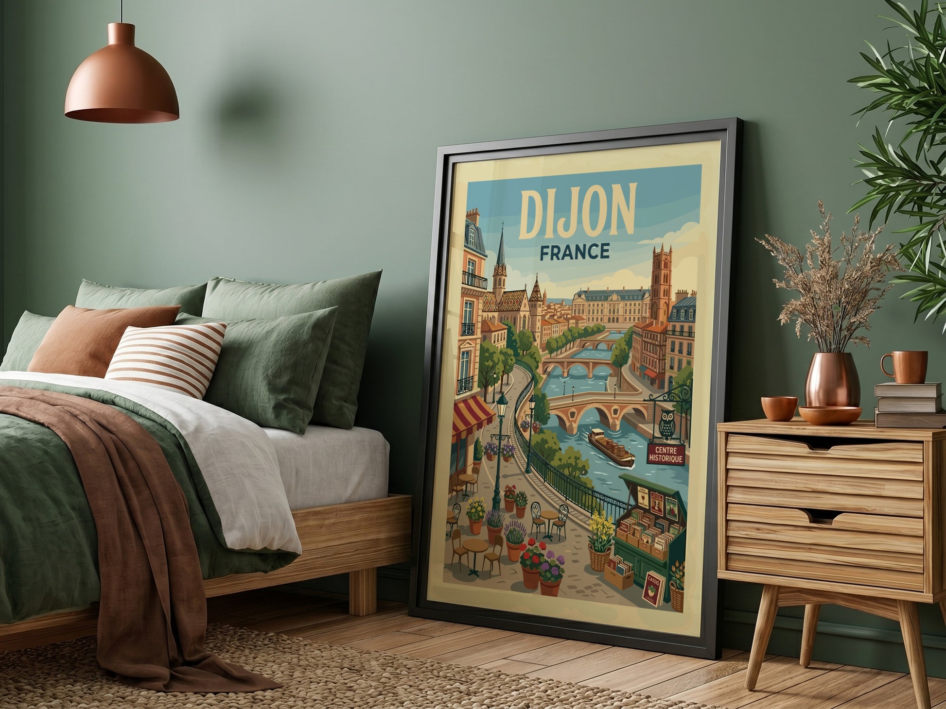 Dijon France travel poster featuring a vintage cityscape with a river, bridges, and cafes. Warm colors.