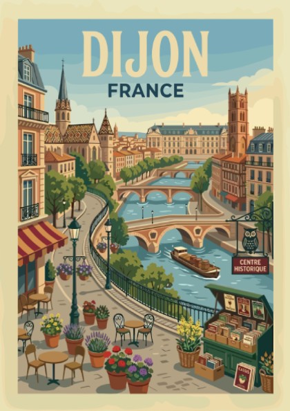 Dijon France travel poster featuring a vintage cityscape with a river, bridges, and cafes. Warm colors.