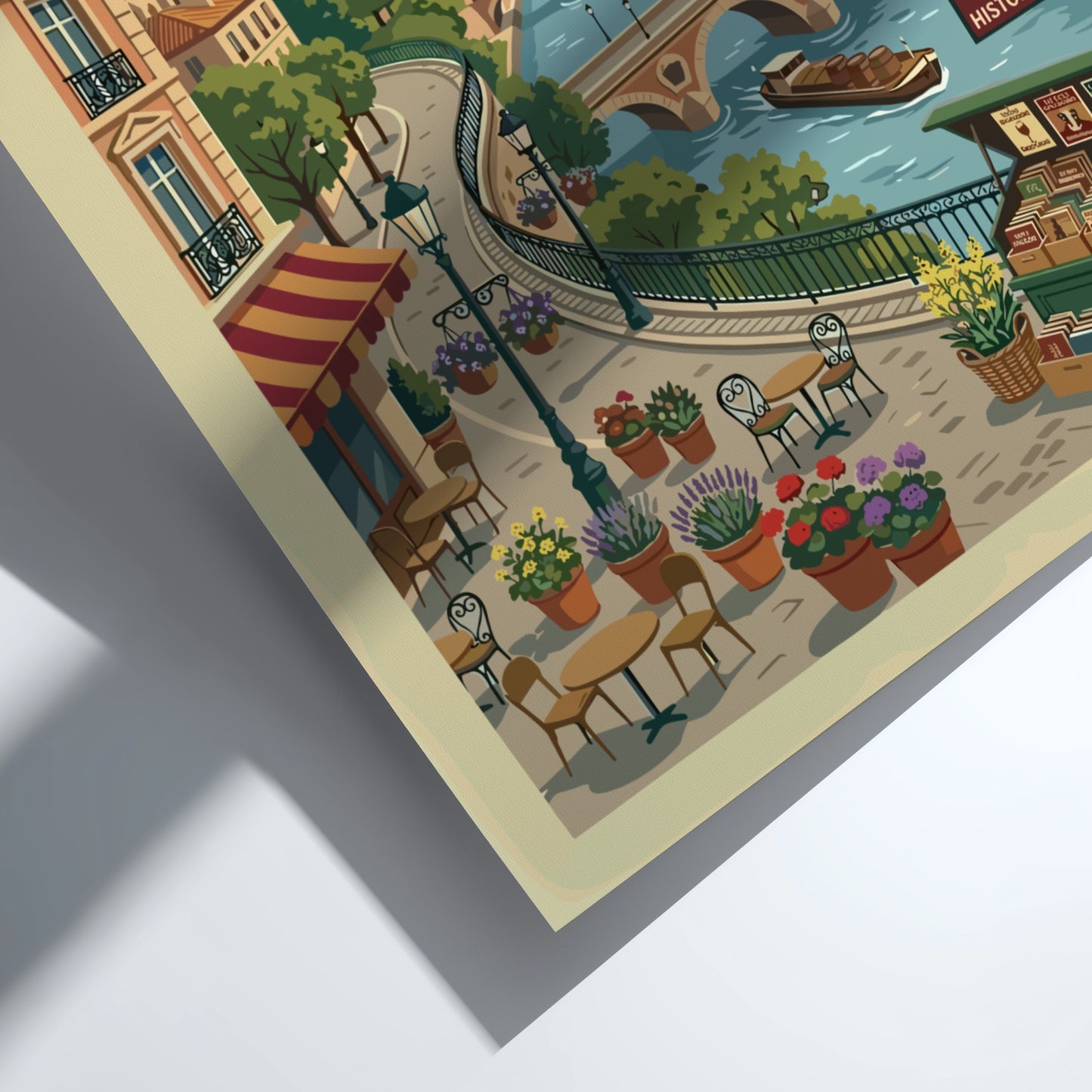 Dijon France travel poster featuring a vintage cityscape with a river, bridges, and cafes. Warm colors.