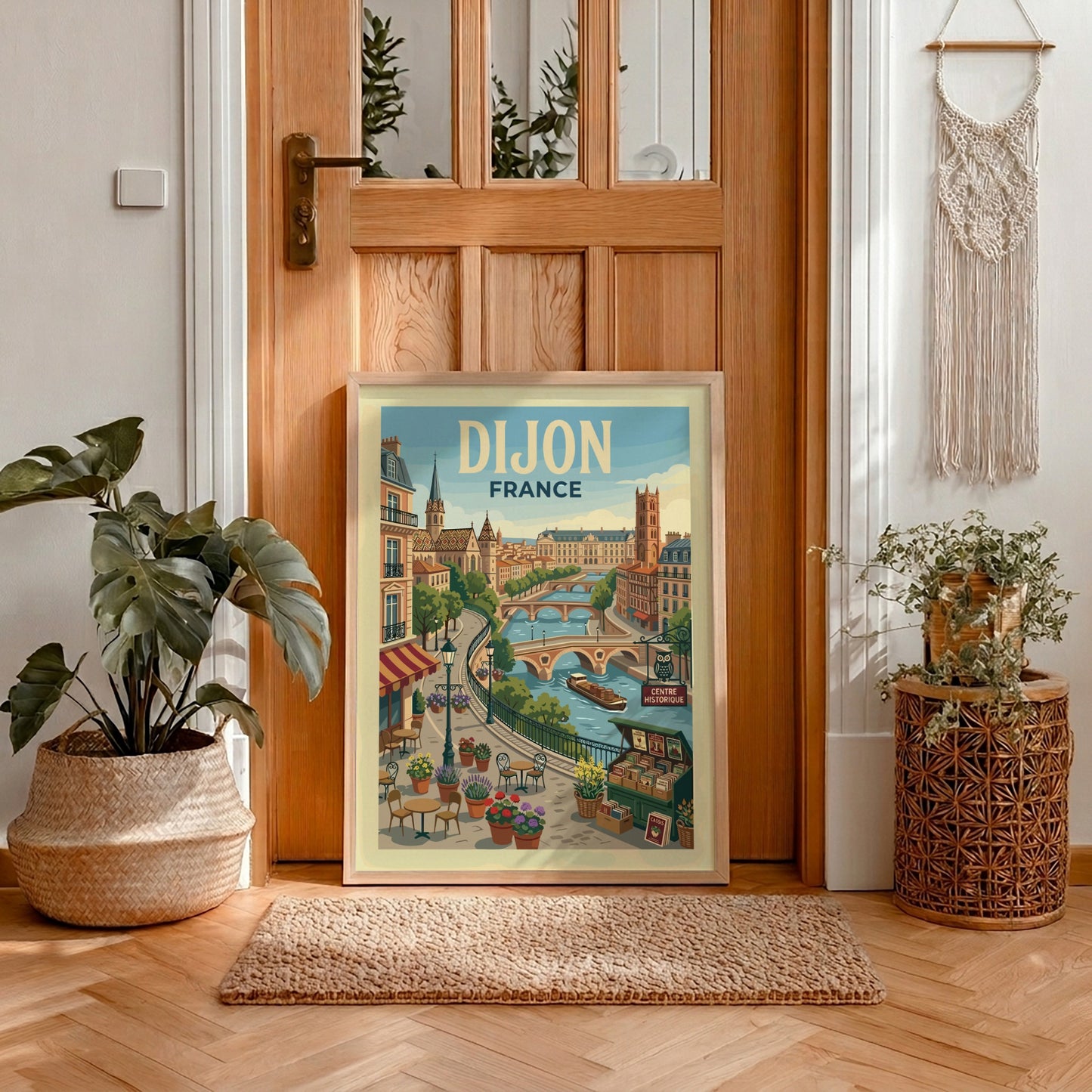 Dijon France travel poster featuring a vintage cityscape with a river, bridges, and cafes. Warm colors.