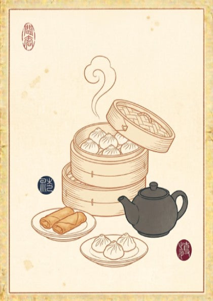 Dim Sum Sketch Poster featuring dumplings and teapot in Japanese art style