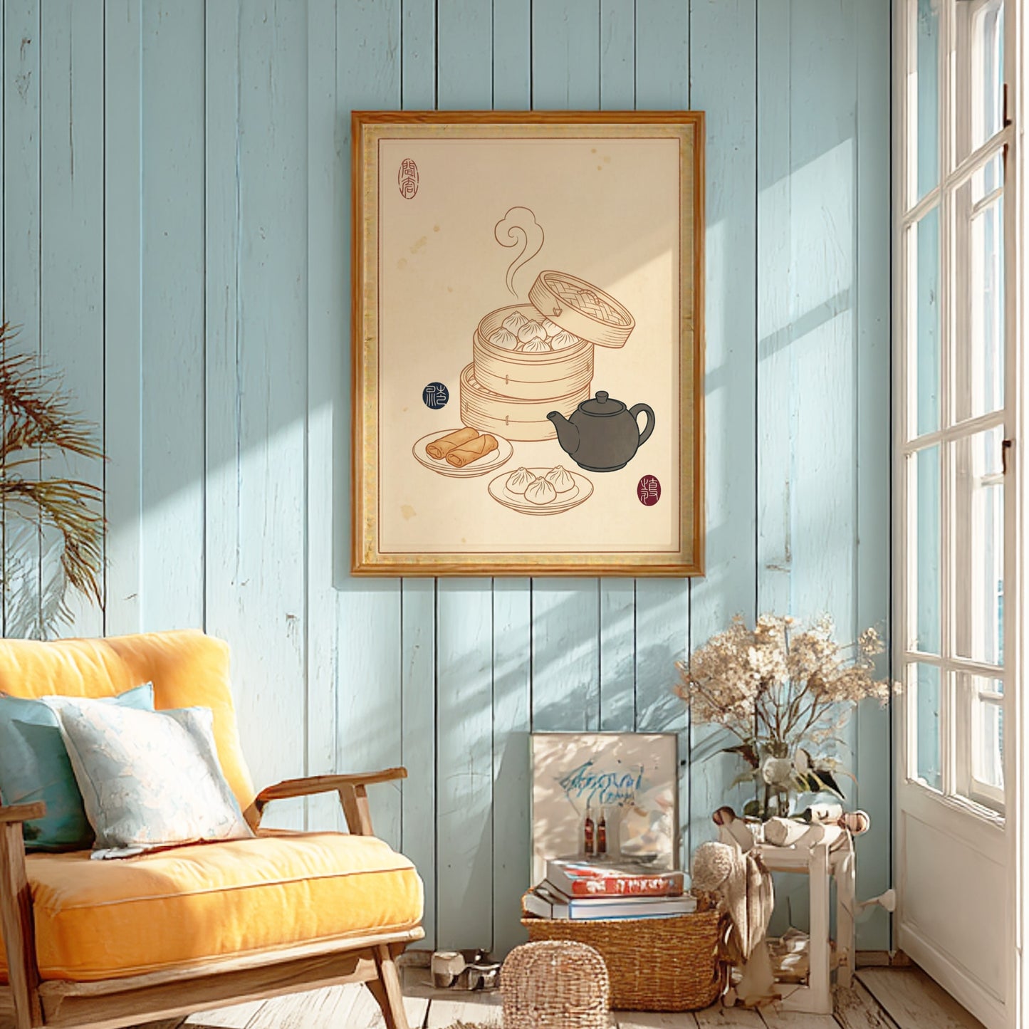 Dim Sum Sketch Poster featuring dumplings and teapot in Japanese art style