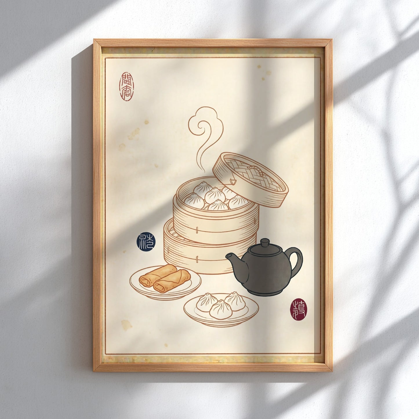 Dim Sum Sketch Poster featuring dumplings and teapot in Japanese art style