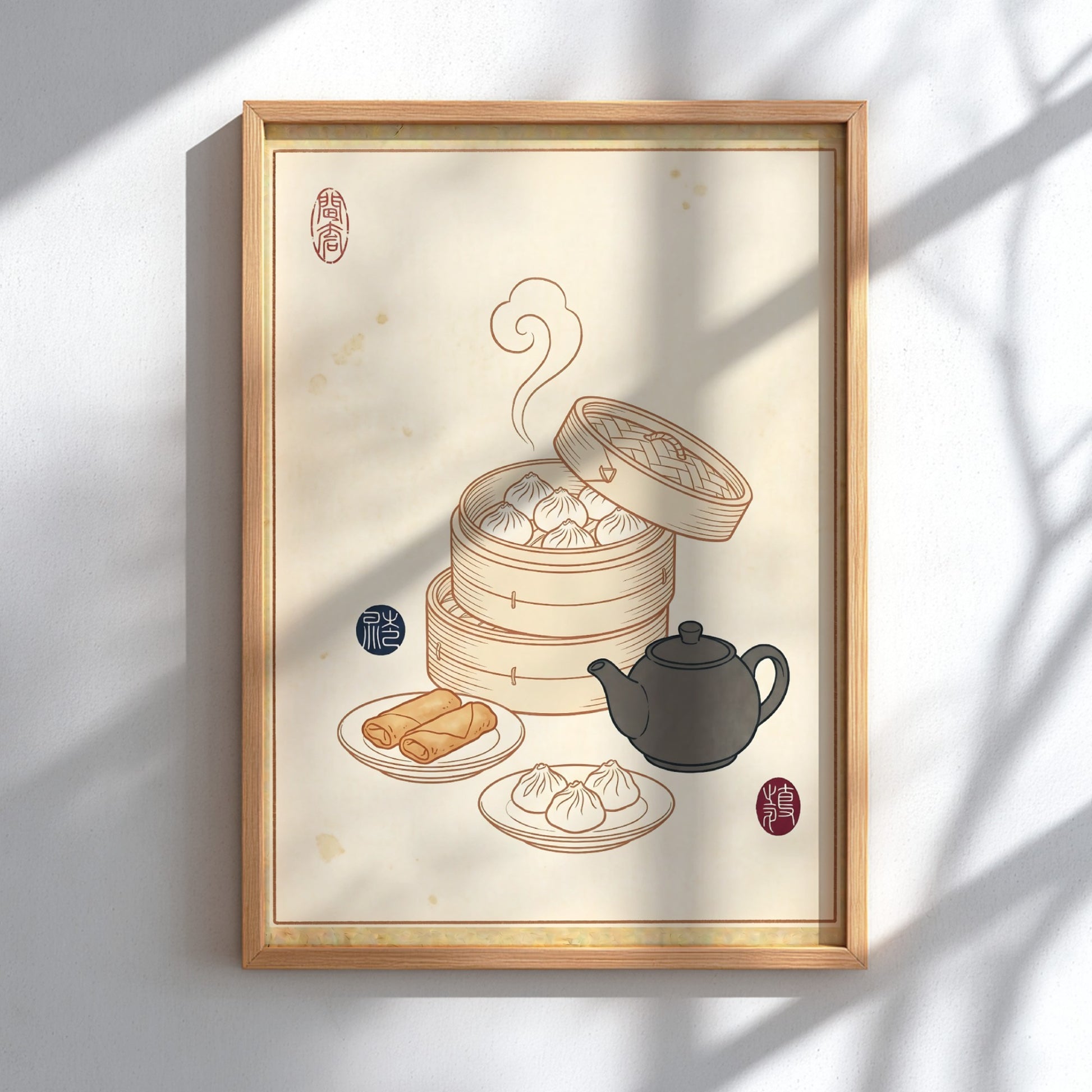 Dim Sum Sketch Poster featuring dumplings and teapot in Japanese art style