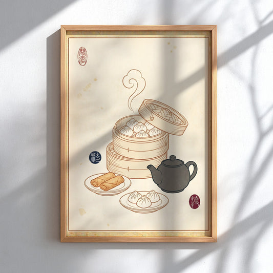 Dim Sum Sketch Poster featuring dumplings and teapot in Japanese art style