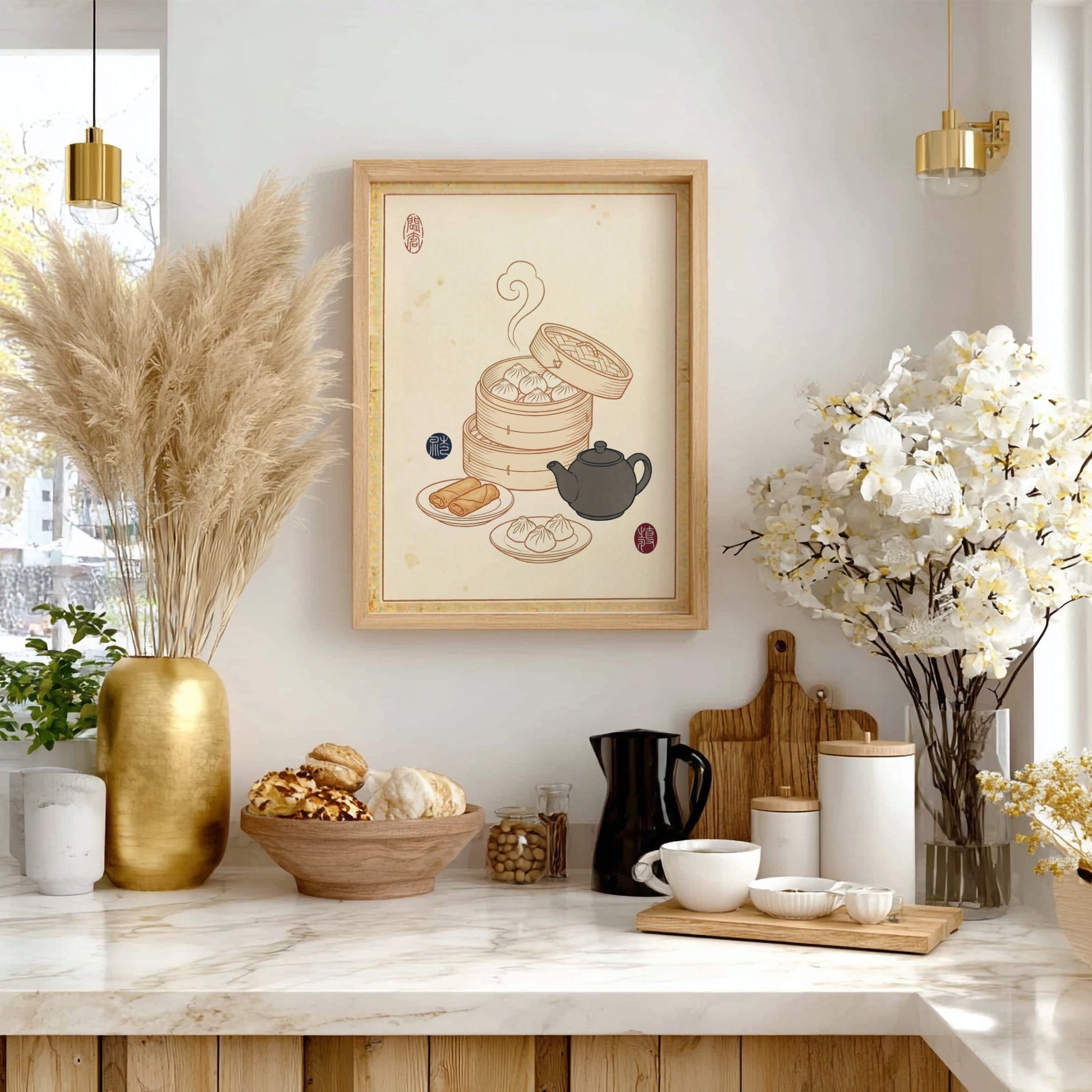 Dim Sum Sketch Poster featuring dumplings and teapot in Japanese art style