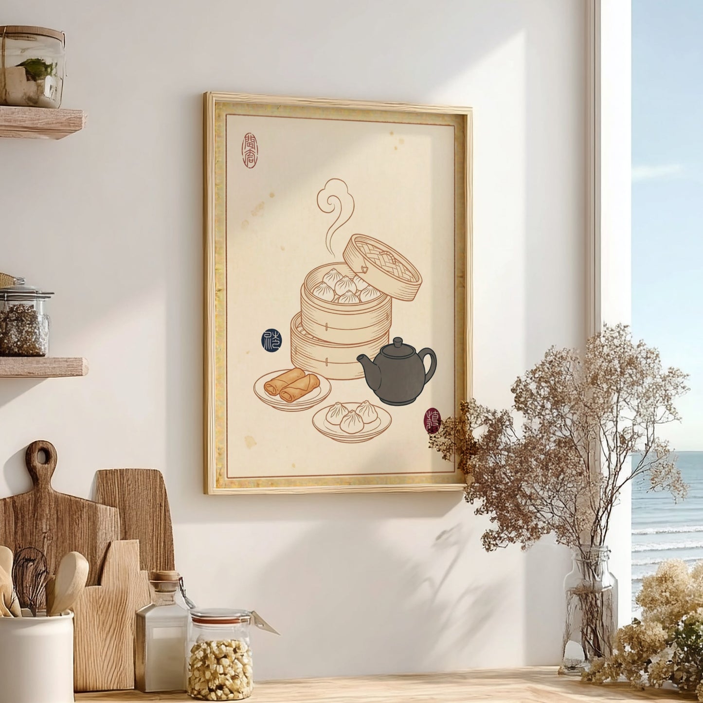Dim Sum Sketch Poster featuring dumplings and teapot in Japanese art style