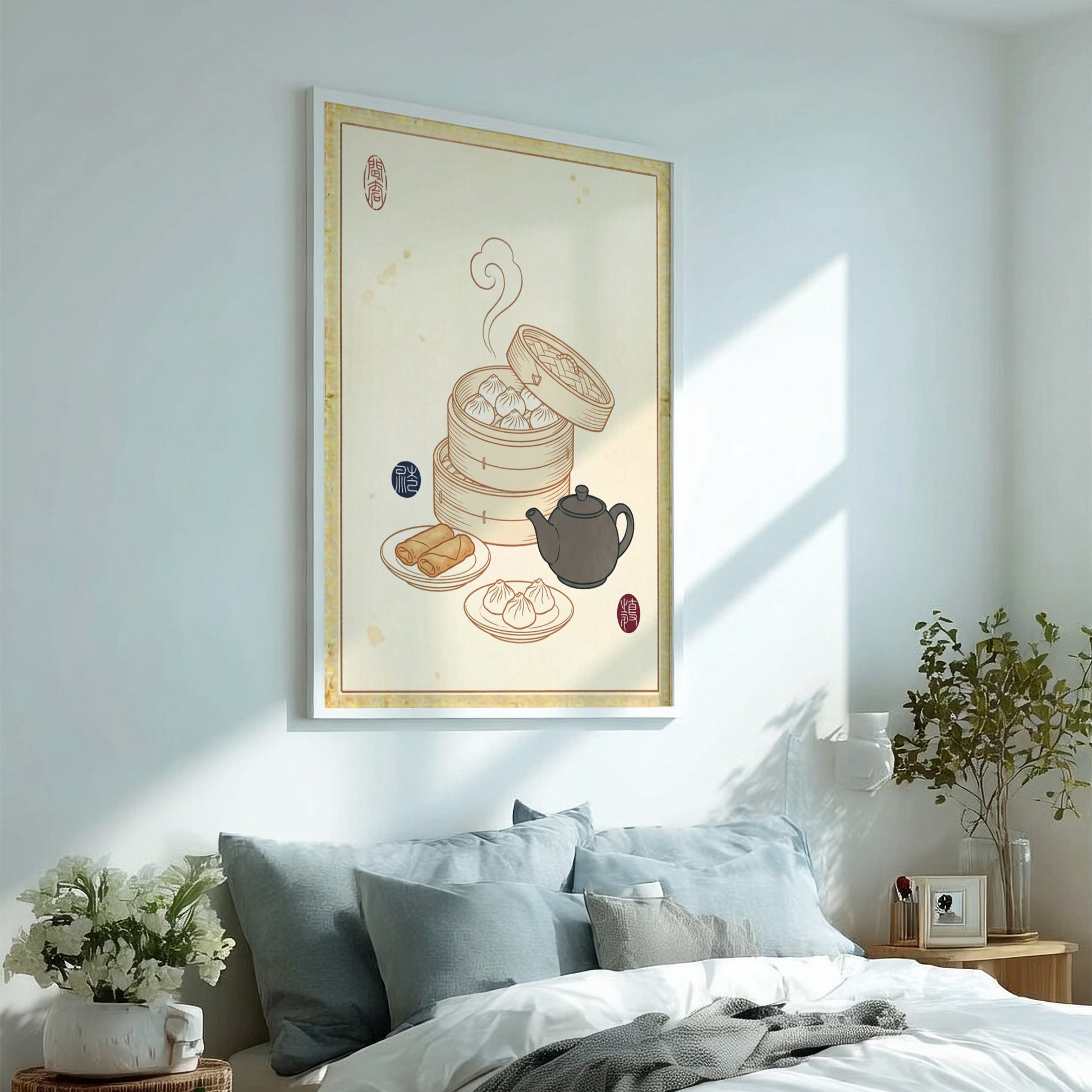 Dim Sum Sketch Poster featuring dumplings and teapot in Japanese art style