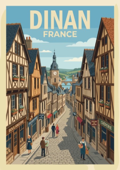 Poster of a charming Dinan France street scene with half-timbered houses and pedestrians.
