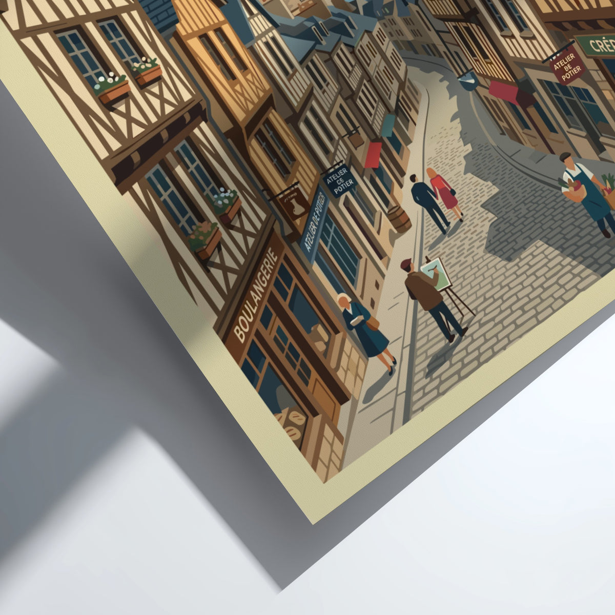 Poster of a charming Dinan France street scene with half-timbered houses and pedestrians.