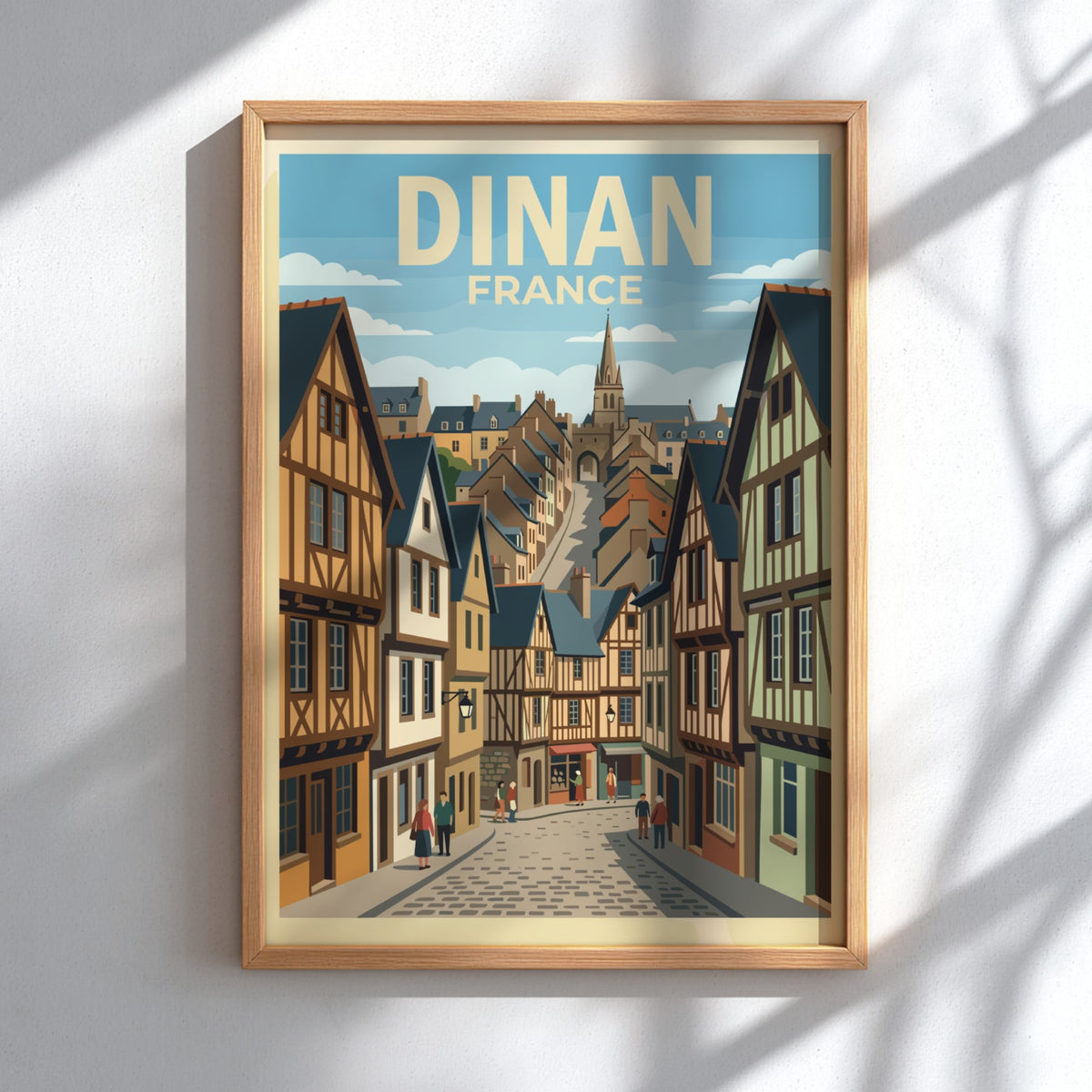 Poster of Dinan France featuring timber framed houses along a cobblestone street scene