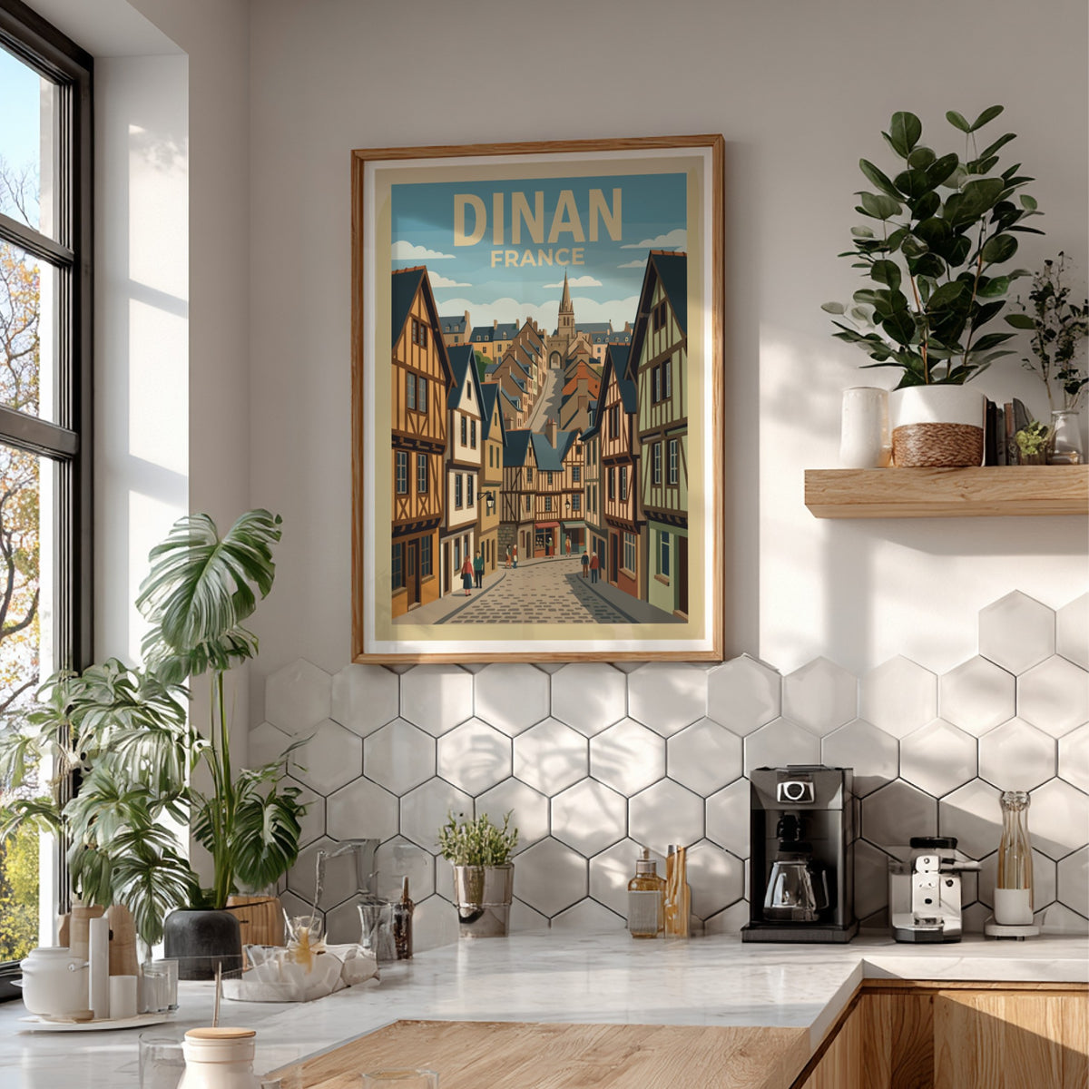 Poster of Dinan France featuring timber framed houses along a cobblestone street scene