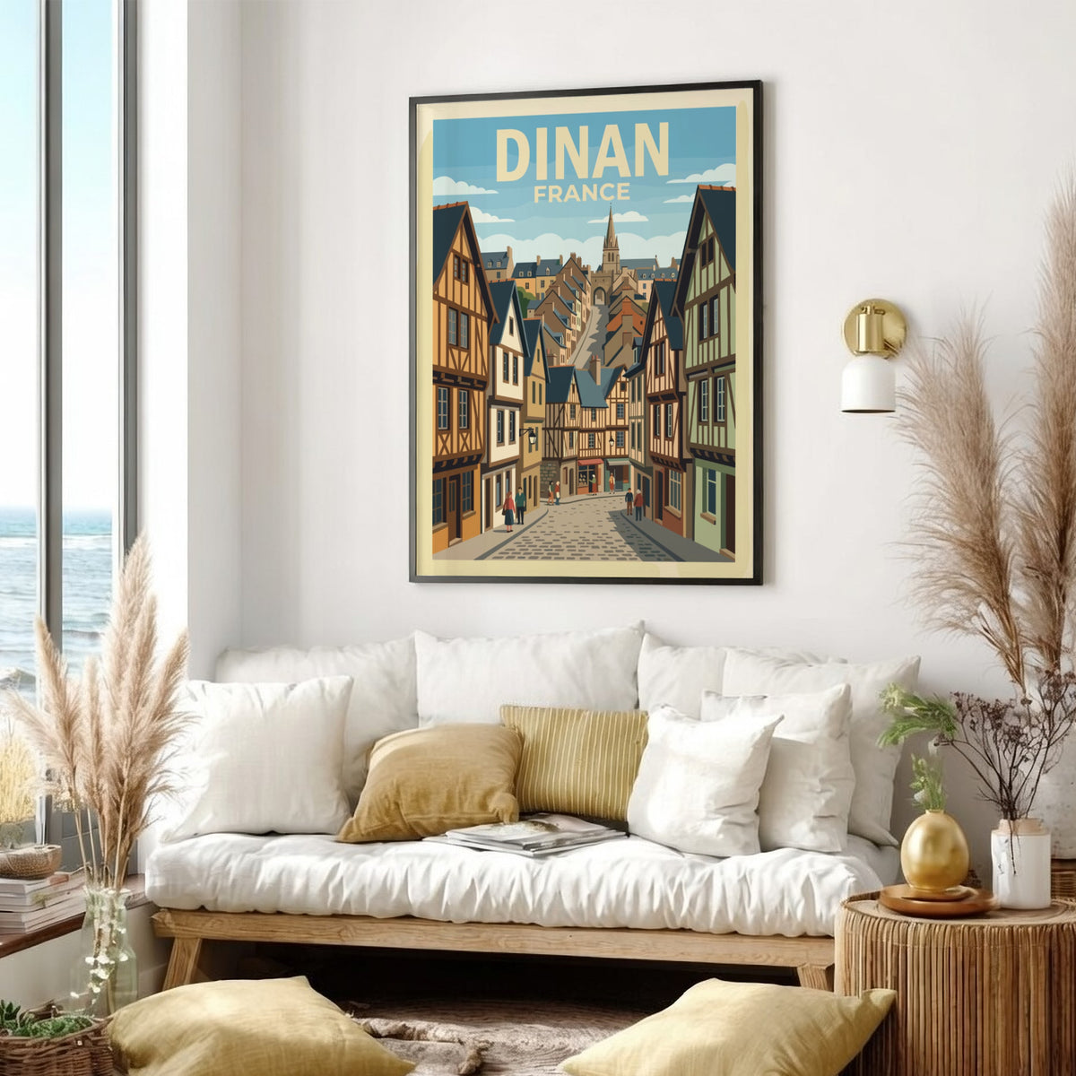 Poster of Dinan France featuring timber framed houses along a cobblestone street scene