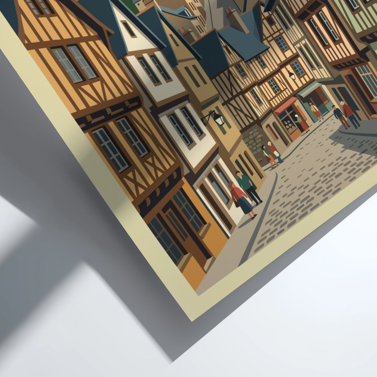 Poster of Dinan France featuring timber framed houses along a cobblestone street scene