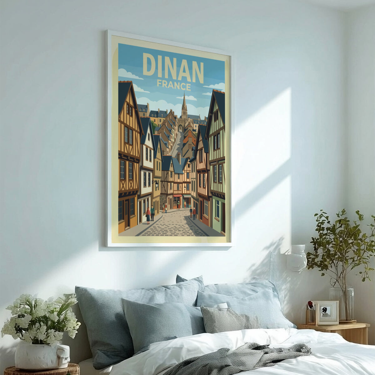 Poster of Dinan France featuring timber framed houses along a cobblestone street scene