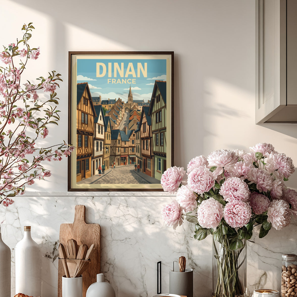 Poster of Dinan France featuring timber framed houses along a cobblestone street scene