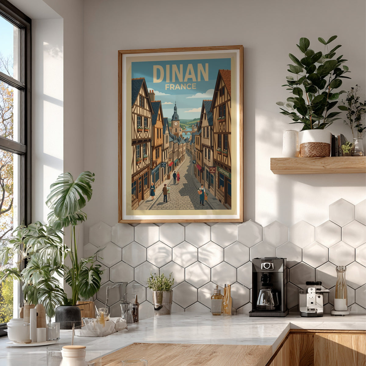 Poster of a charming Dinan France street scene with half-timbered houses and pedestrians.
