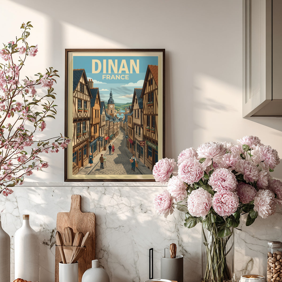 Poster of a charming Dinan France street scene with half-timbered houses and pedestrians.