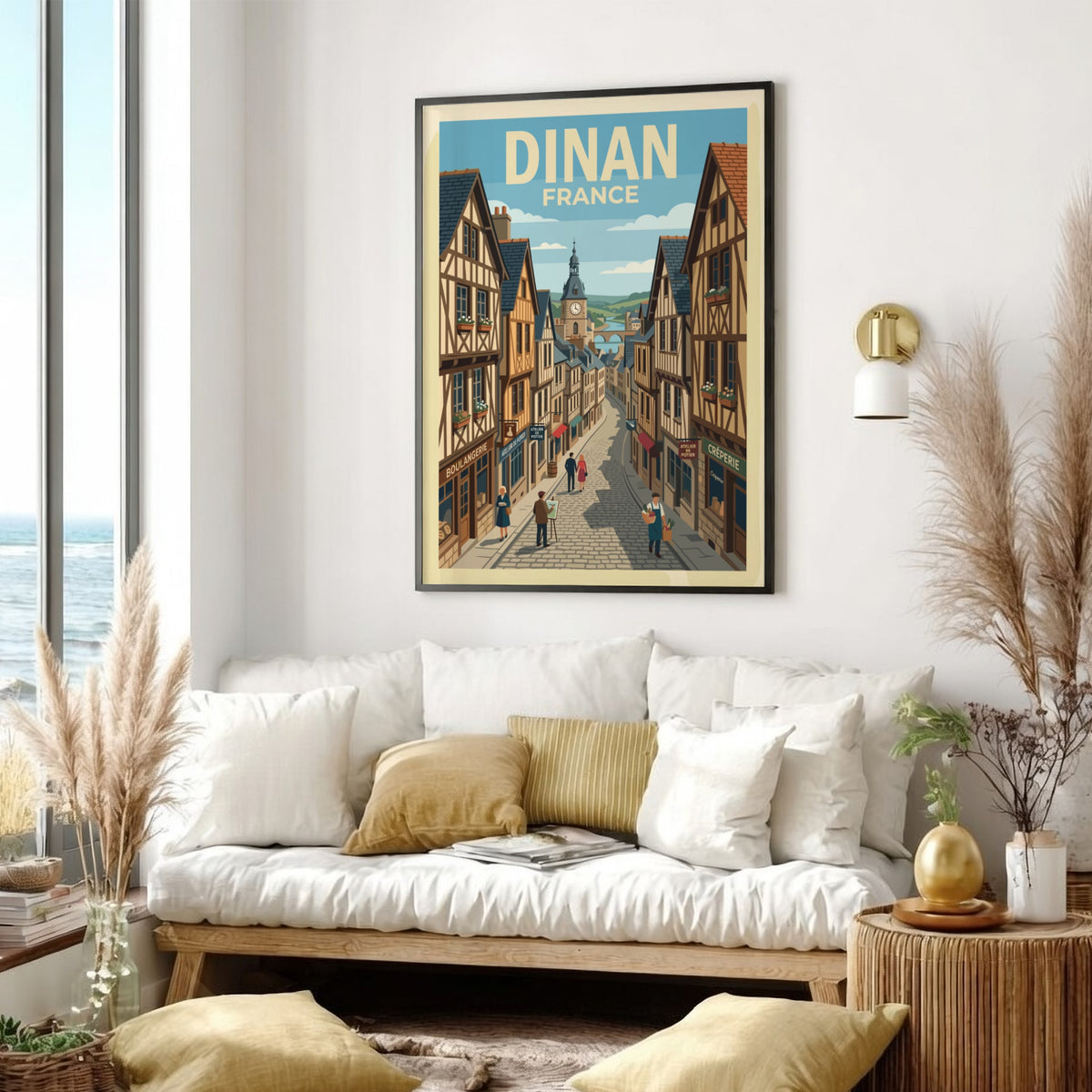 Poster of a charming Dinan France street scene with half-timbered houses and pedestrians.