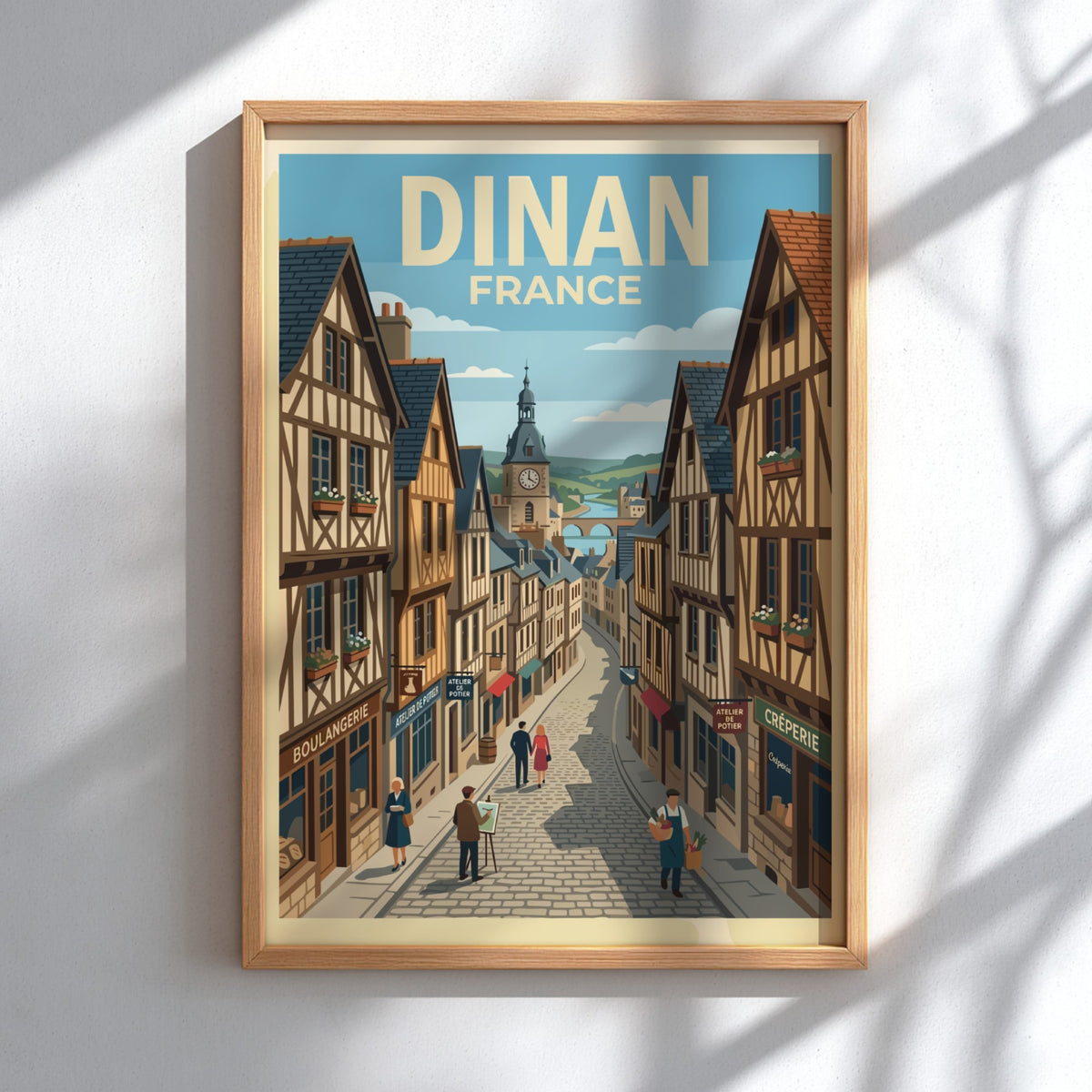 Poster of a charming Dinan France street scene with half-timbered houses and pedestrians.