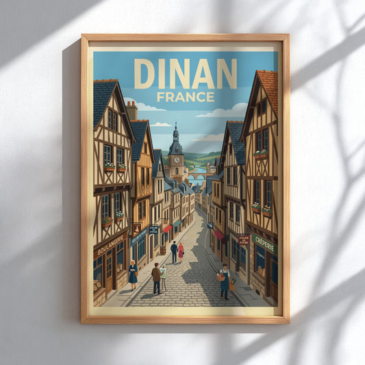 Poster of a charming Dinan France street scene with half-timbered houses and pedestrians.