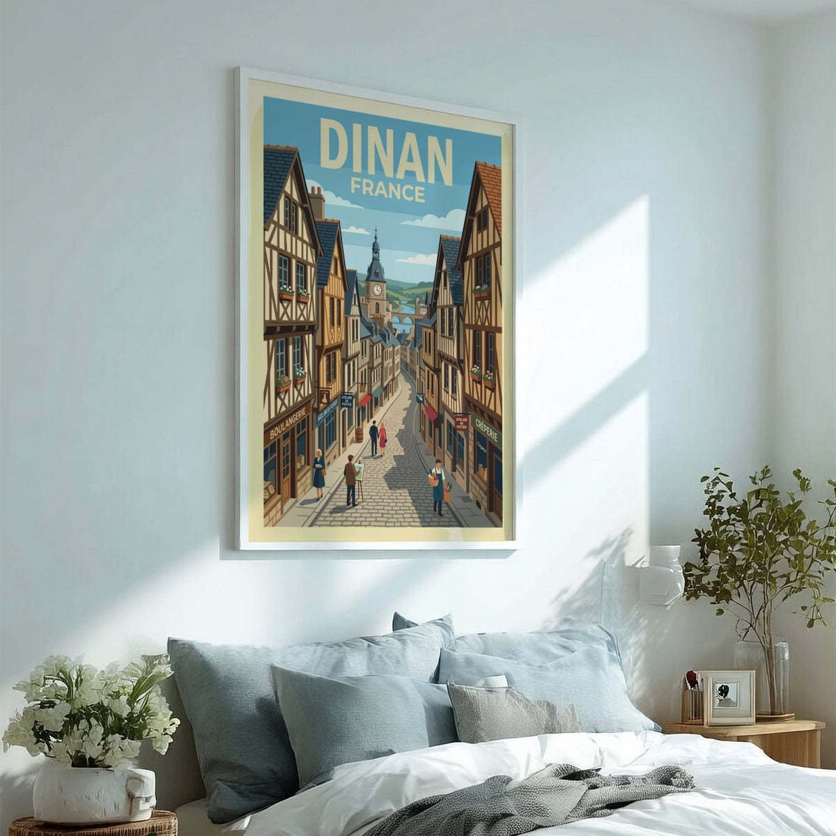 Poster of a charming Dinan France street scene with half-timbered houses and pedestrians.