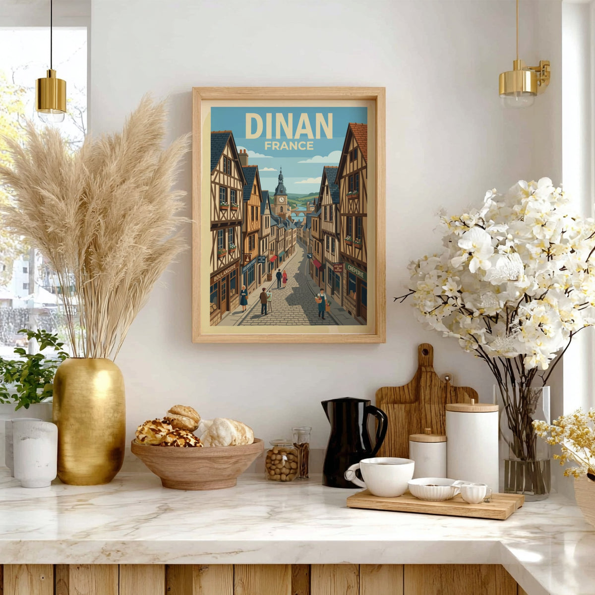 Poster of a charming Dinan France street scene with half-timbered houses and pedestrians.