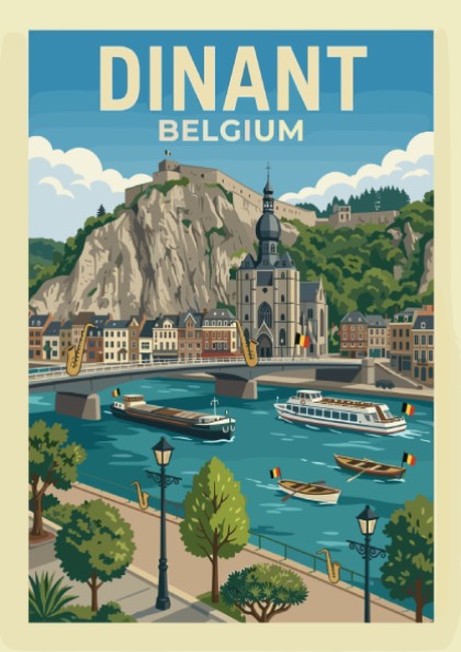 Vintage Dinant Belgium travel poster featuring a citadel, church, and river scene in a retro illustration