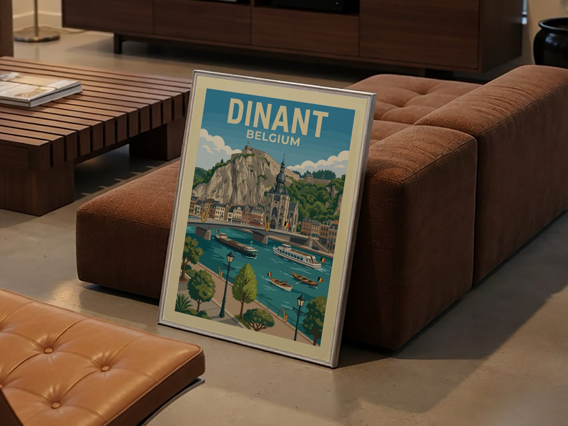 Vintage Dinant Belgium travel poster featuring a citadel, church, and river scene in a retro illustration