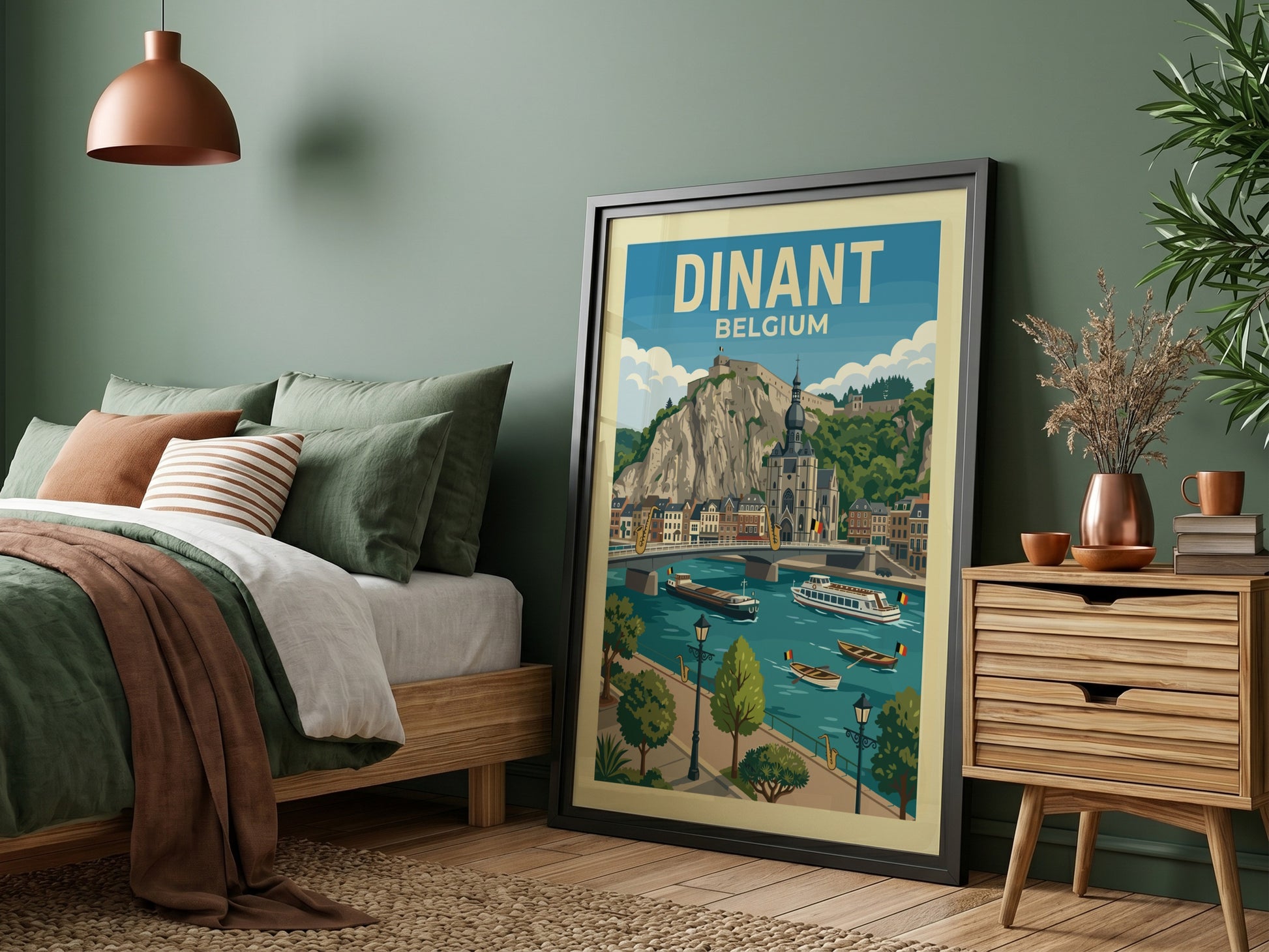 Vintage Dinant Belgium travel poster featuring a citadel, church, and river scene in a retro illustration