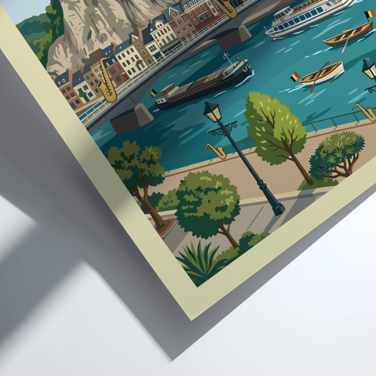Vintage Dinant Belgium travel poster featuring a citadel, church, and river scene in a retro illustration