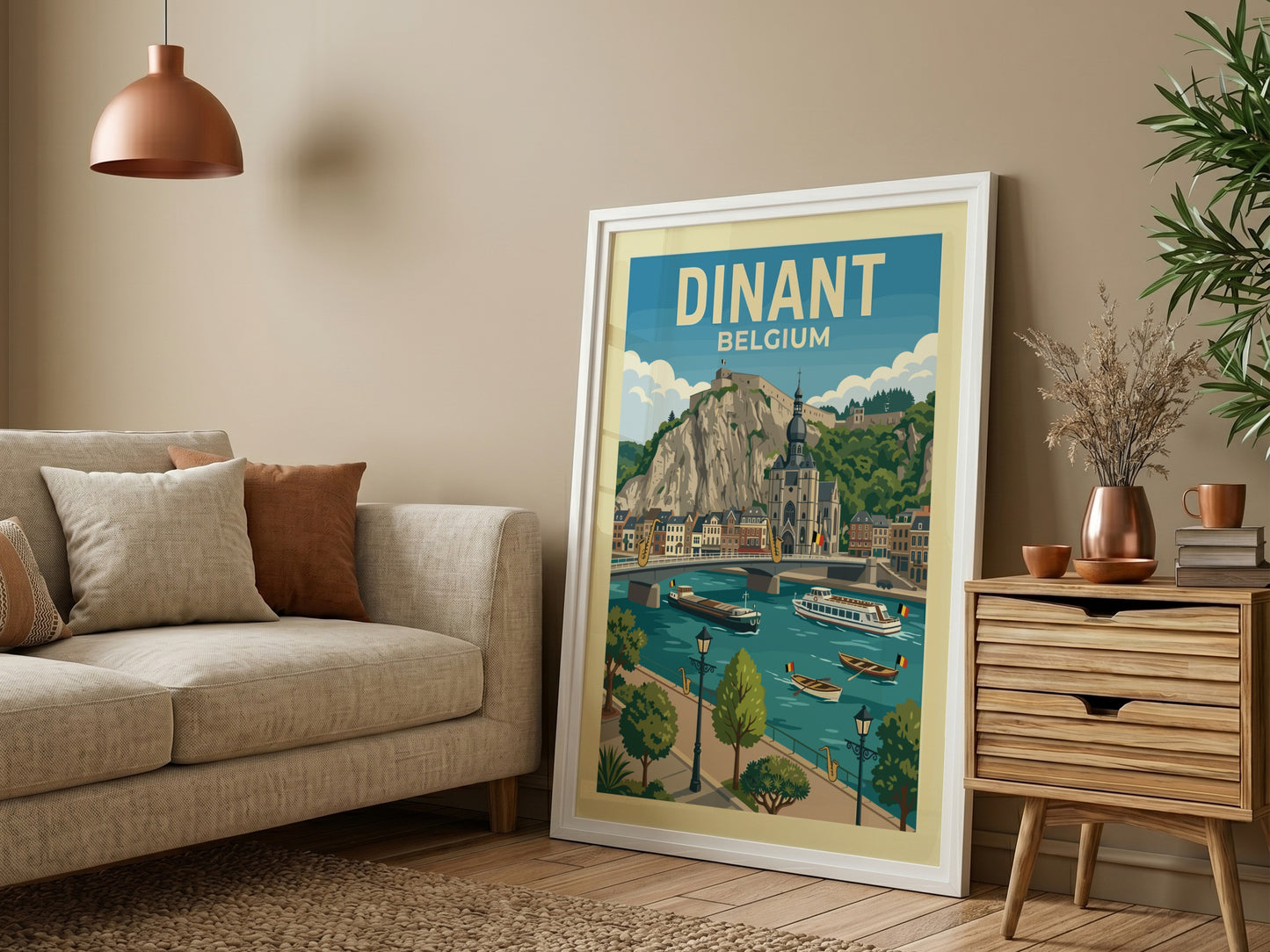 Vintage Dinant Belgium travel poster featuring a citadel, church, and river scene in a retro illustration