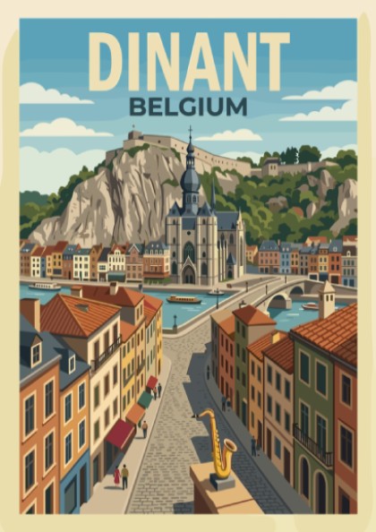 Poster of Dinant Belgium featuring a riverside town with colourful houses and saxophone.