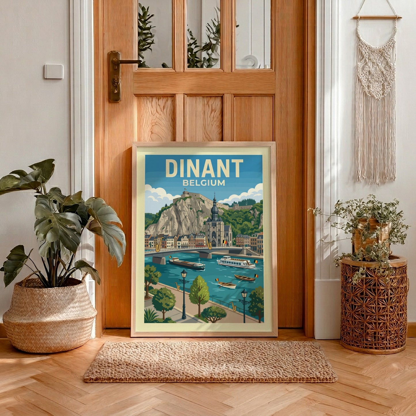 Vintage Dinant Belgium travel poster featuring a citadel, church, and river scene in a retro illustration