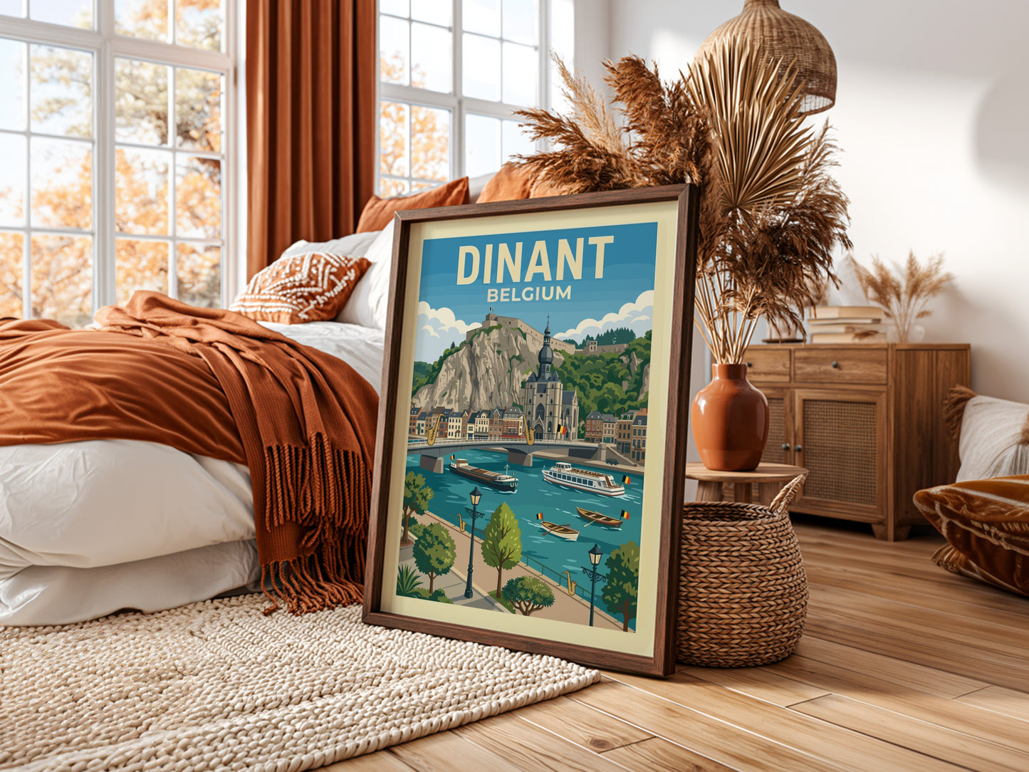 Vintage Dinant Belgium travel poster featuring a citadel, church, and river scene in a retro illustration