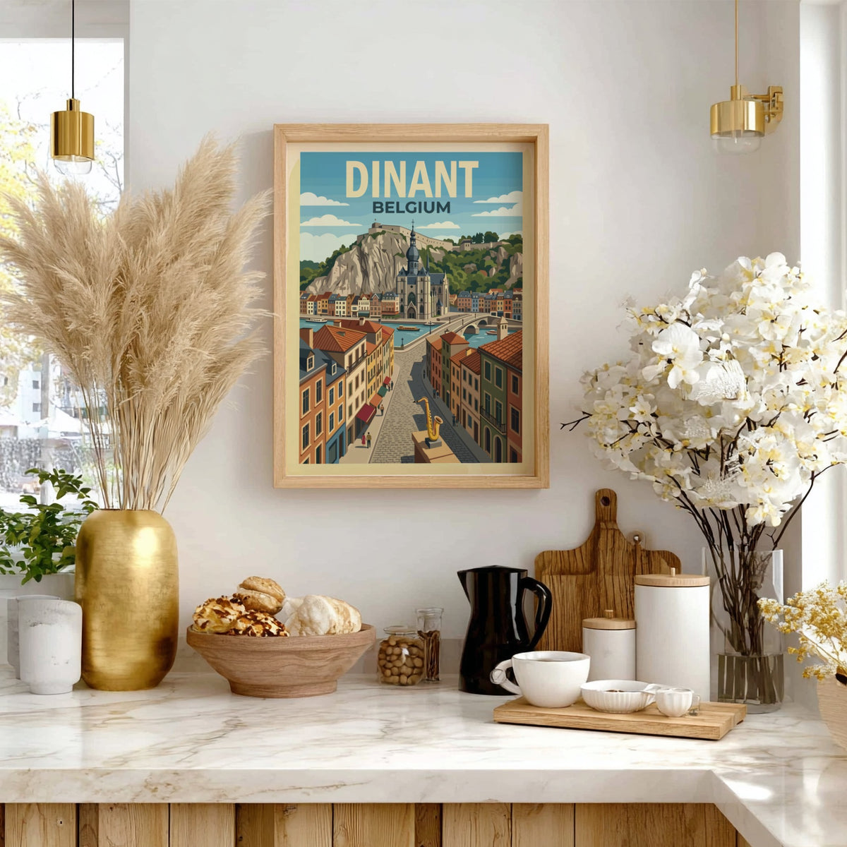 Poster of Dinant Belgium featuring a riverside town with colourful houses and saxophone.