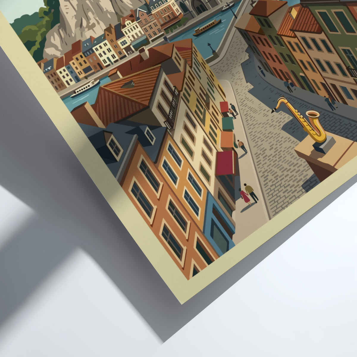Poster of Dinant Belgium featuring a riverside town with colourful houses and saxophone.