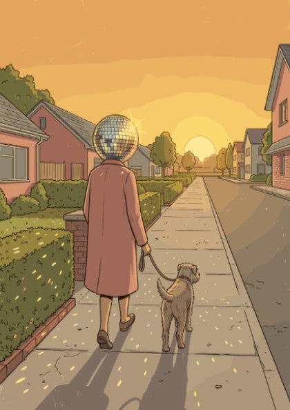 Poster featuring a man with a disco ball head walking his dog at sunset.