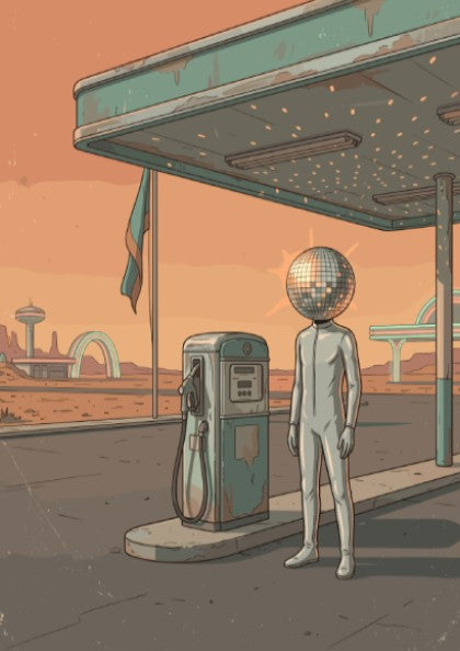 Poster featuring a man with a disco ball head standing at a desert station.