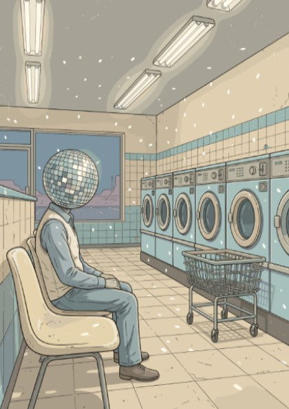 Poster featuring a man with a disco ball head sitting in a laundromat
