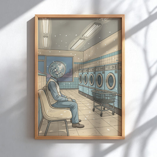 Poster featuring a man with a disco ball head sitting in a laundromat