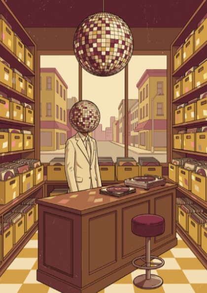 Poster featuring a man with a disco ball head in a record store