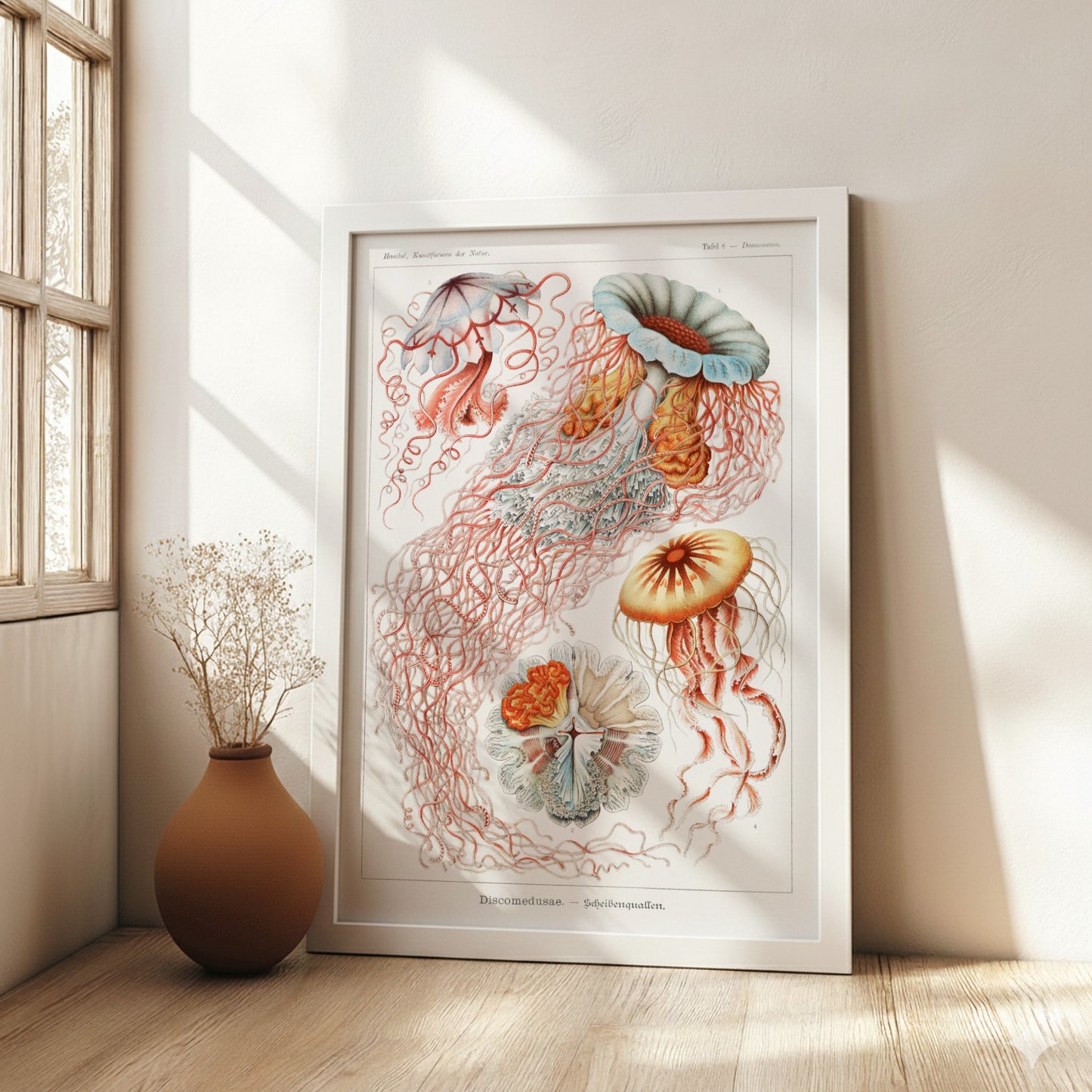 Vintage jellyfish art print, scientific illustration of Discomedusae, natural history poster.