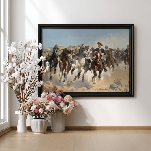 Frederic Remington's 'Dismounted The Fourth Troopers Moving the Led Horses' vintage drawing, featuring horses