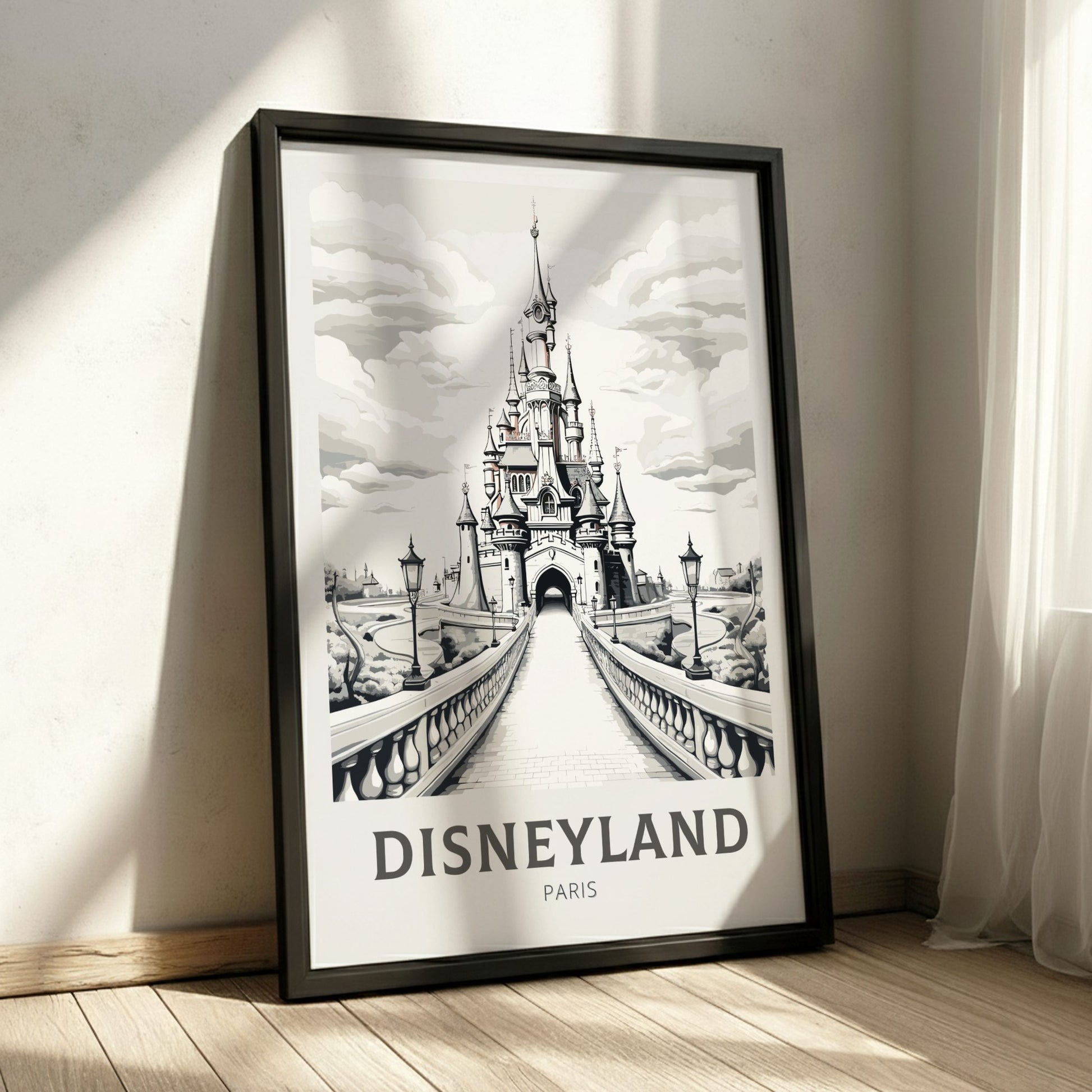 Framed poster of Disneyland Paris with a castle illustration on a white background.