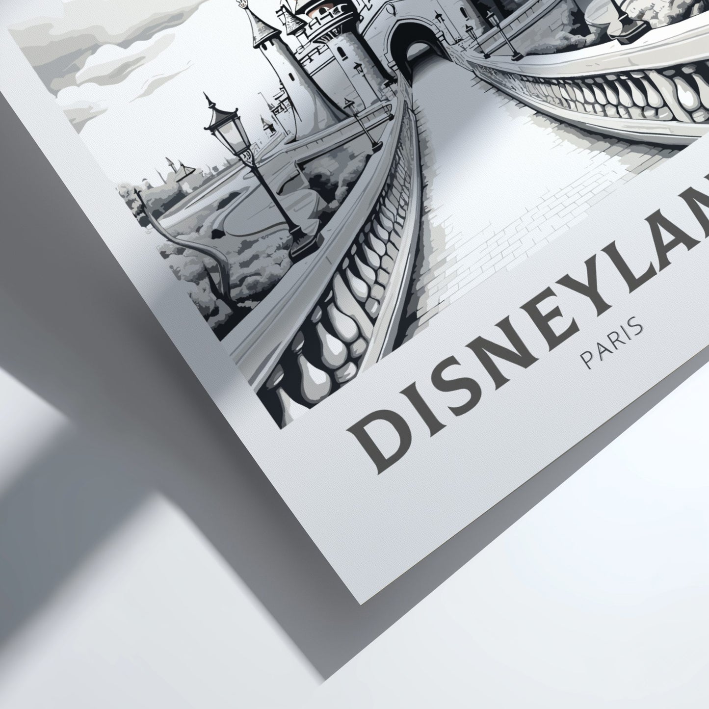 Black and white illustration of a snowy scene with 'Disneyland Paris' text.