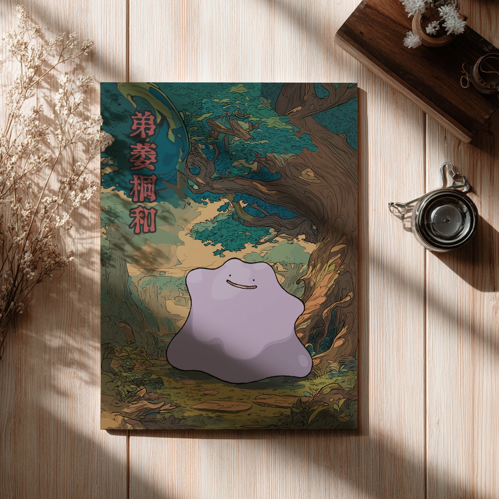 Wooden board with Ditto Pokemon character and tree design on a wooden surface.