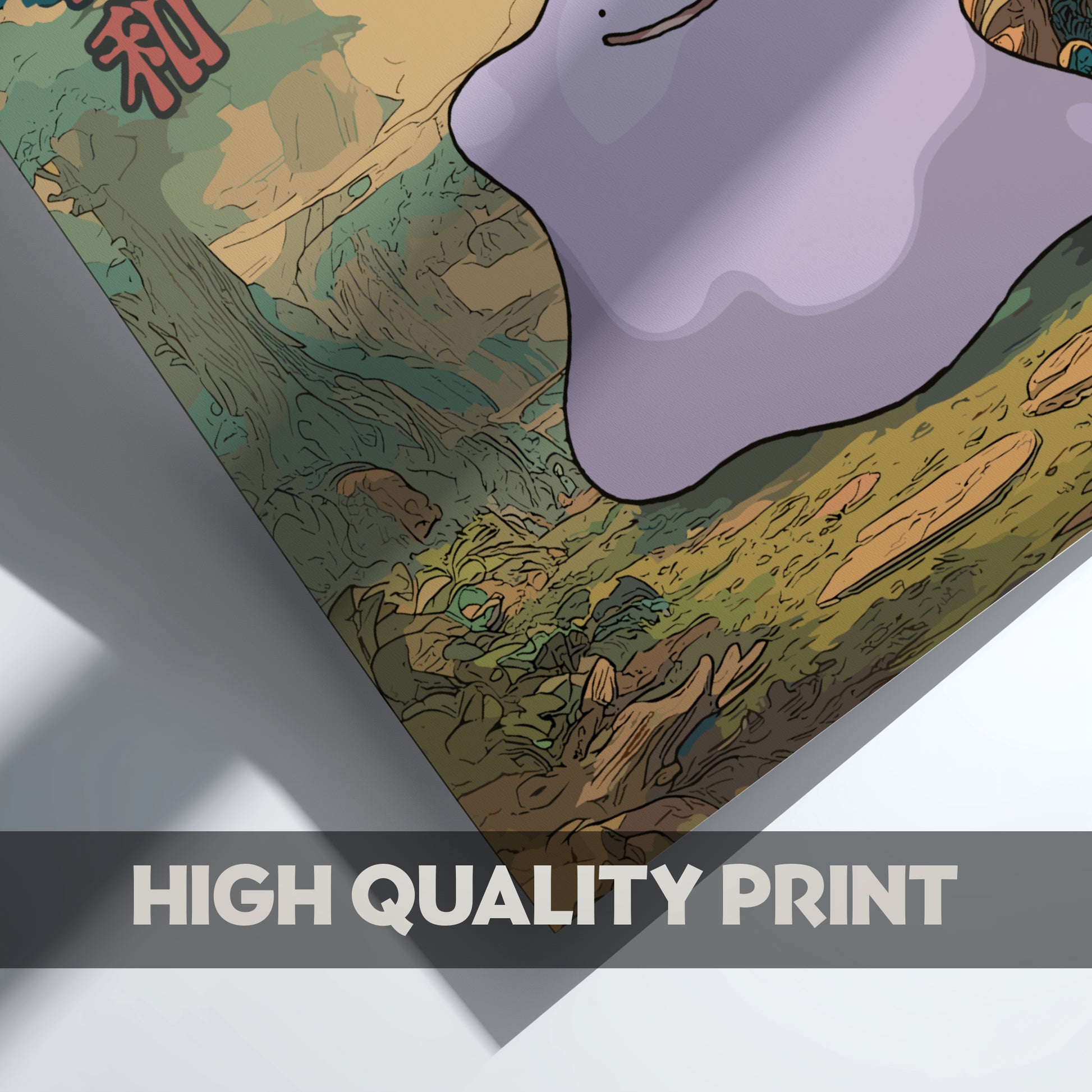 Close-up of a high-quality print with Ditto Pokemon and colorful design on a white background.