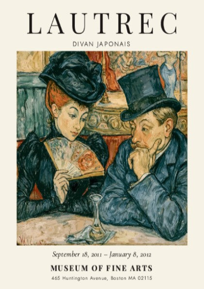 Divan Japonais poster featuring Toulouse-Lautrec's vibrant art style with rich colors and elegant figures